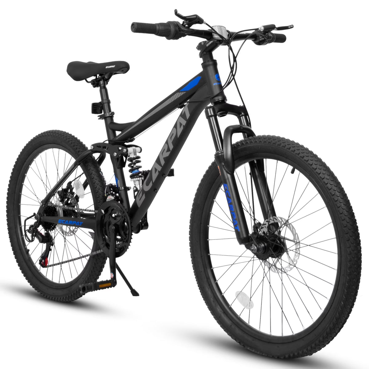 Mountain Bike, High Carbon Steel Bike with 24 in Wheels and 21 - Speed Full Suspension, Commuter City Bike with Disc Brakes and Grip Shifter, Front